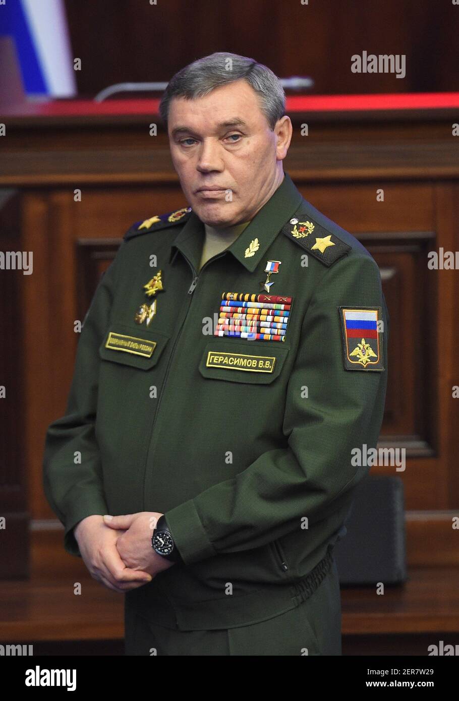 Conférence pratique militaire sur les résultats d'une opération spéciale en Syrie au Centre national pour la gestion de la défense de la Russie. Chef d'état-major général des forces armées de la Fédération de Russie - Premier Vice-Ministre de la défense de la Russie, Valery Gerasimov, pendant la conférence. 30 janvier 2018. Russie, Moscou. Crédit photo: Anatoly Zhdanov/Kommersant/Sipa USA Banque D'Images