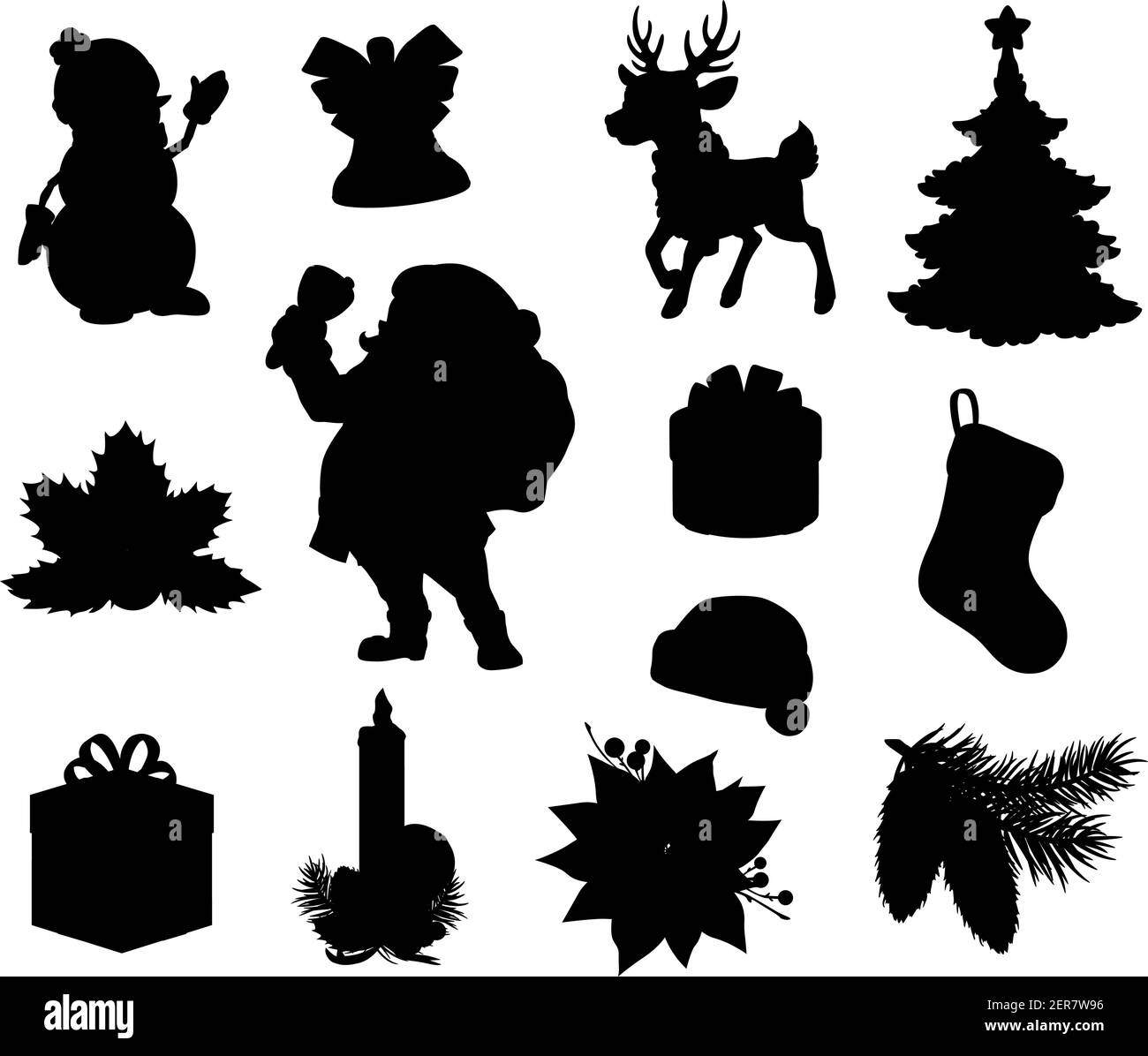 Silhouettes noires de Noël. Arbre de Noël vectoriel, boîtes cadeaux et cadeaux, Père Noël, bonhomme de neige et renne, chapeau de Claus, cloche de Noël, holly et pin Illustration de Vecteur