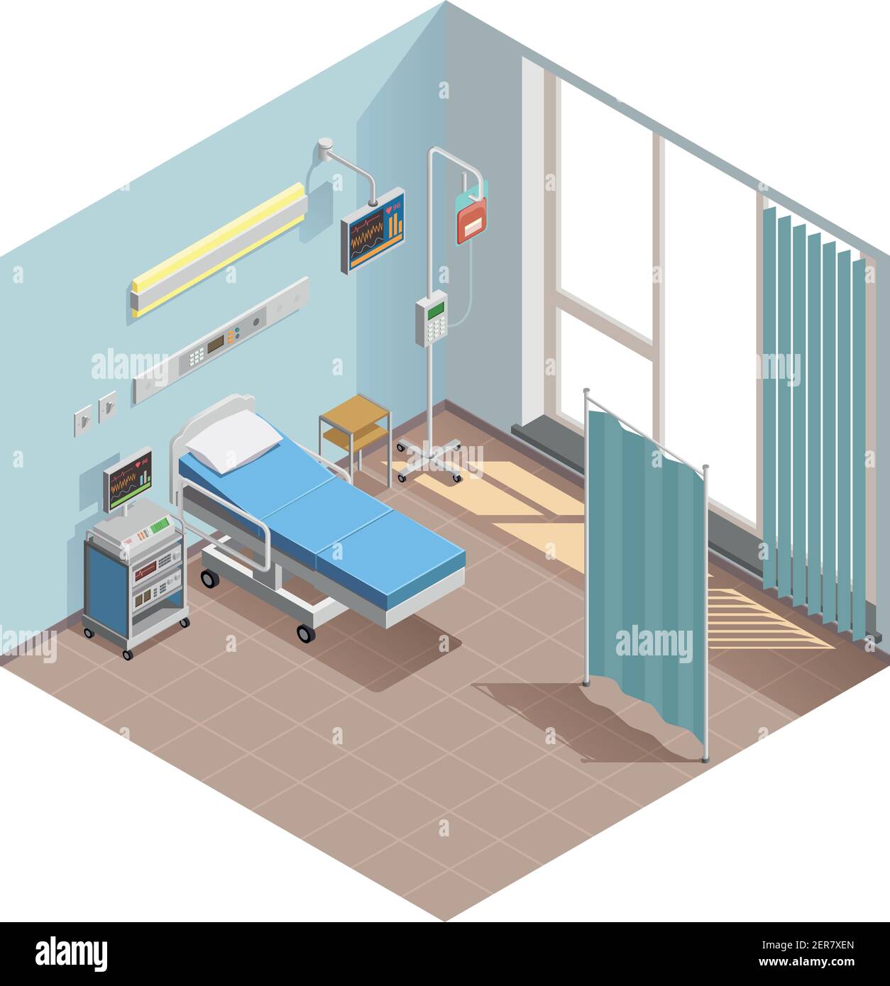 Équipement médical composition isométrique avec fenêtre intérieure de la chambre d'hôpital avec installations thérapeutiques et dispositifs électroniques spéciaux vecteur illustrat Illustration de Vecteur