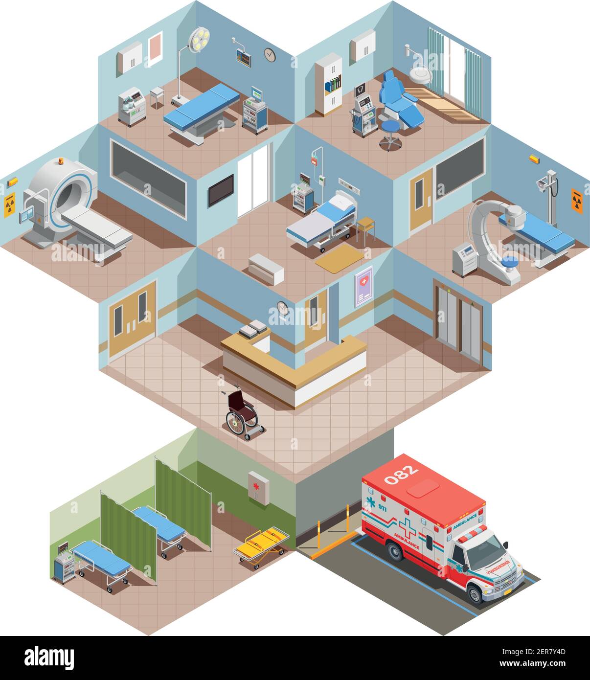 Composition isométrique d'équipement médical avec vue en élévation du centre hospitalier avec l'intérieur des chambres et l'illustration vectorielle des installations de santé Illustration de Vecteur