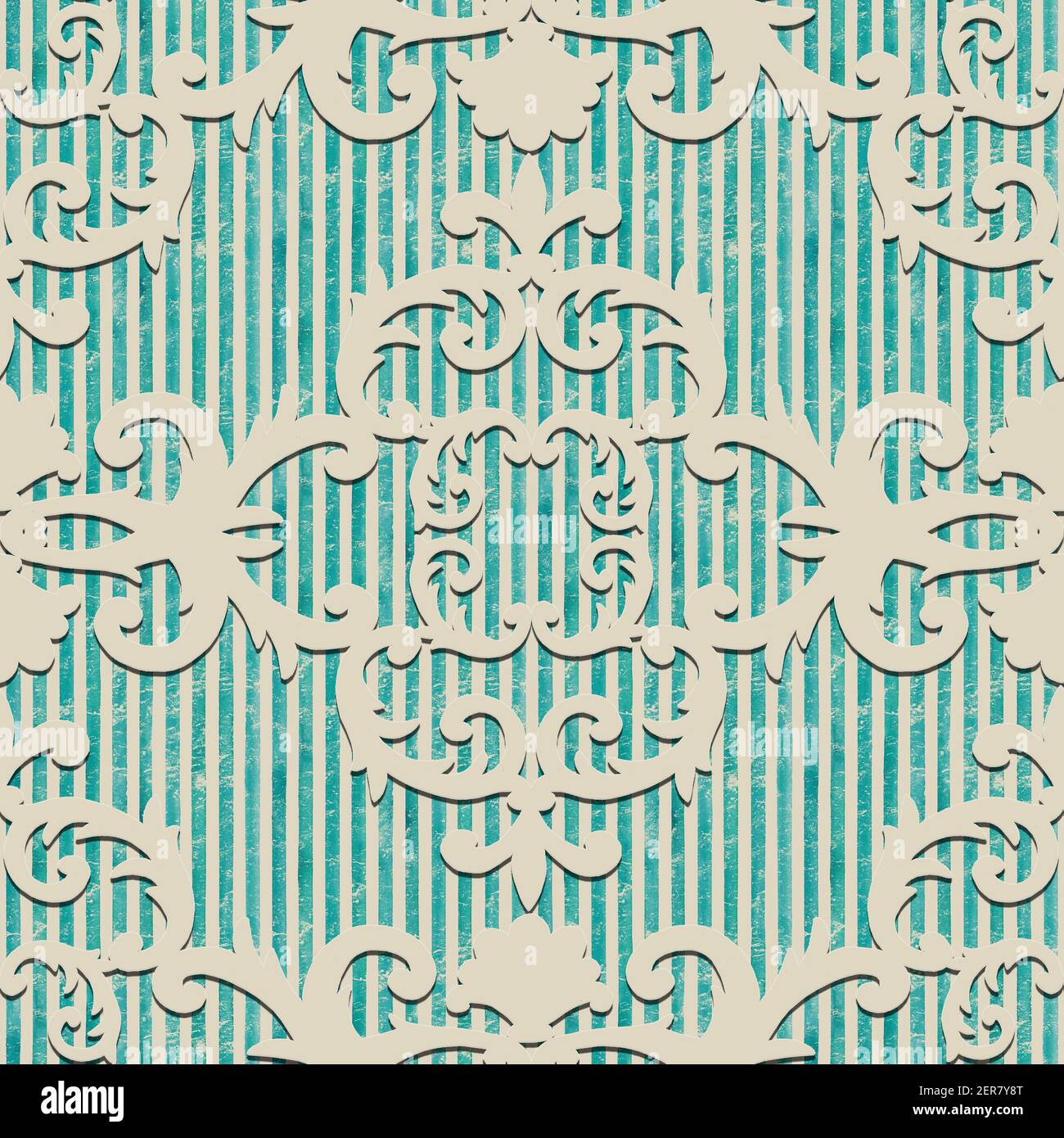 Motif damassé style baroque sans couture. Fond de texture sarcelle beige dessiné à la main. Imprimé rétro contemporain pour tissu, textile, papier peint, papier cadeau Banque D'Images