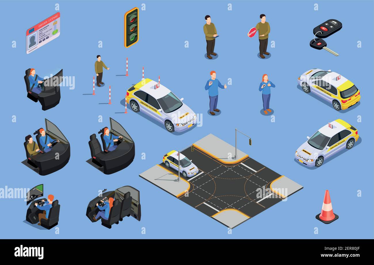Collection d'icônes isométriques de l'école de conduite de simulateurs de voiture permis de conduire et des personnages humains avec illustration vectorielle de cône de sécurité Illustration de Vecteur