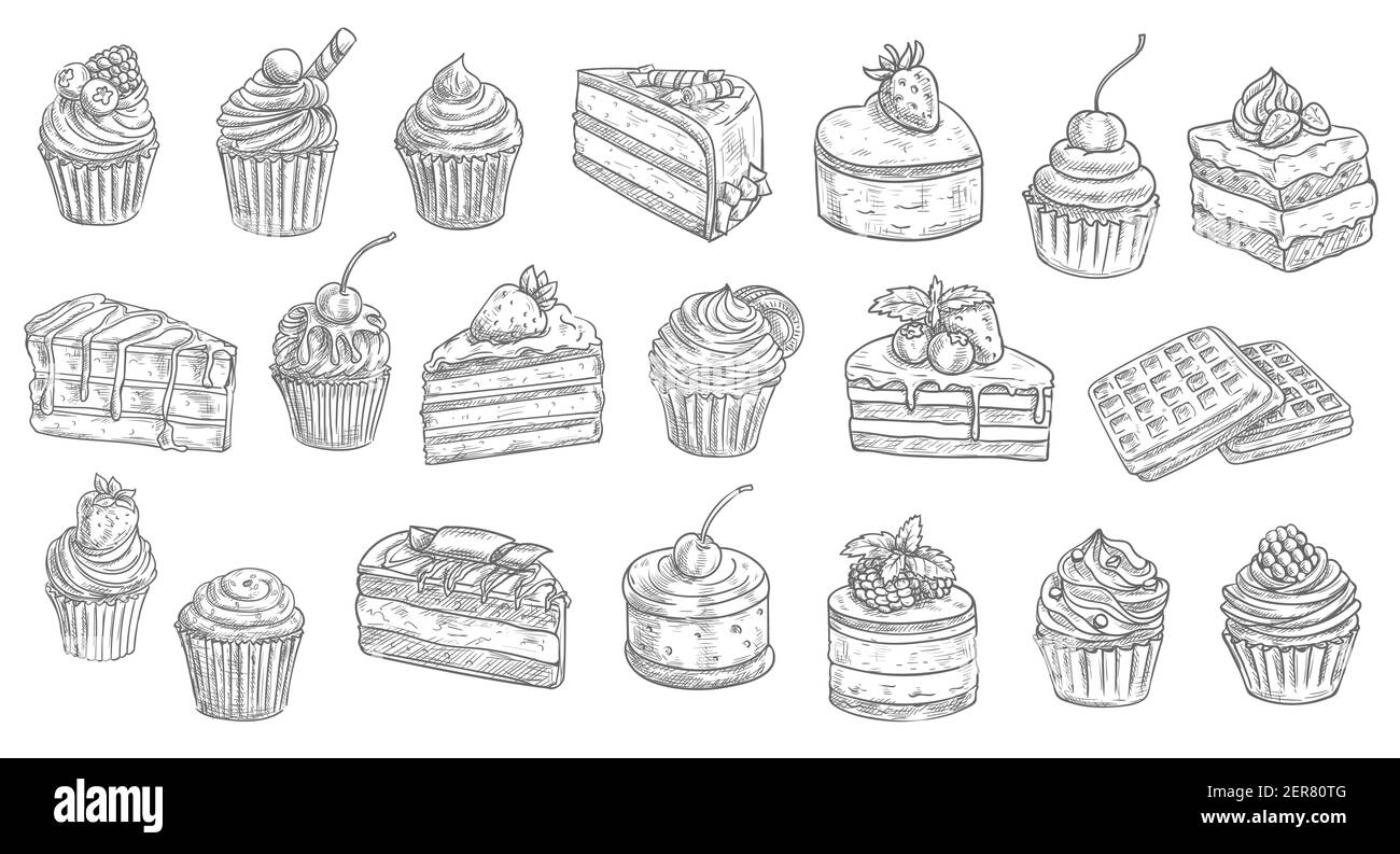 Gâteaux et cheesecakes croquis, desserts pâtissiers et symboles dessinés à la main. Boulangerie et pâtisserie gâteaux au chocolat sucré, pâtisserie sucrée d Illustration de Vecteur