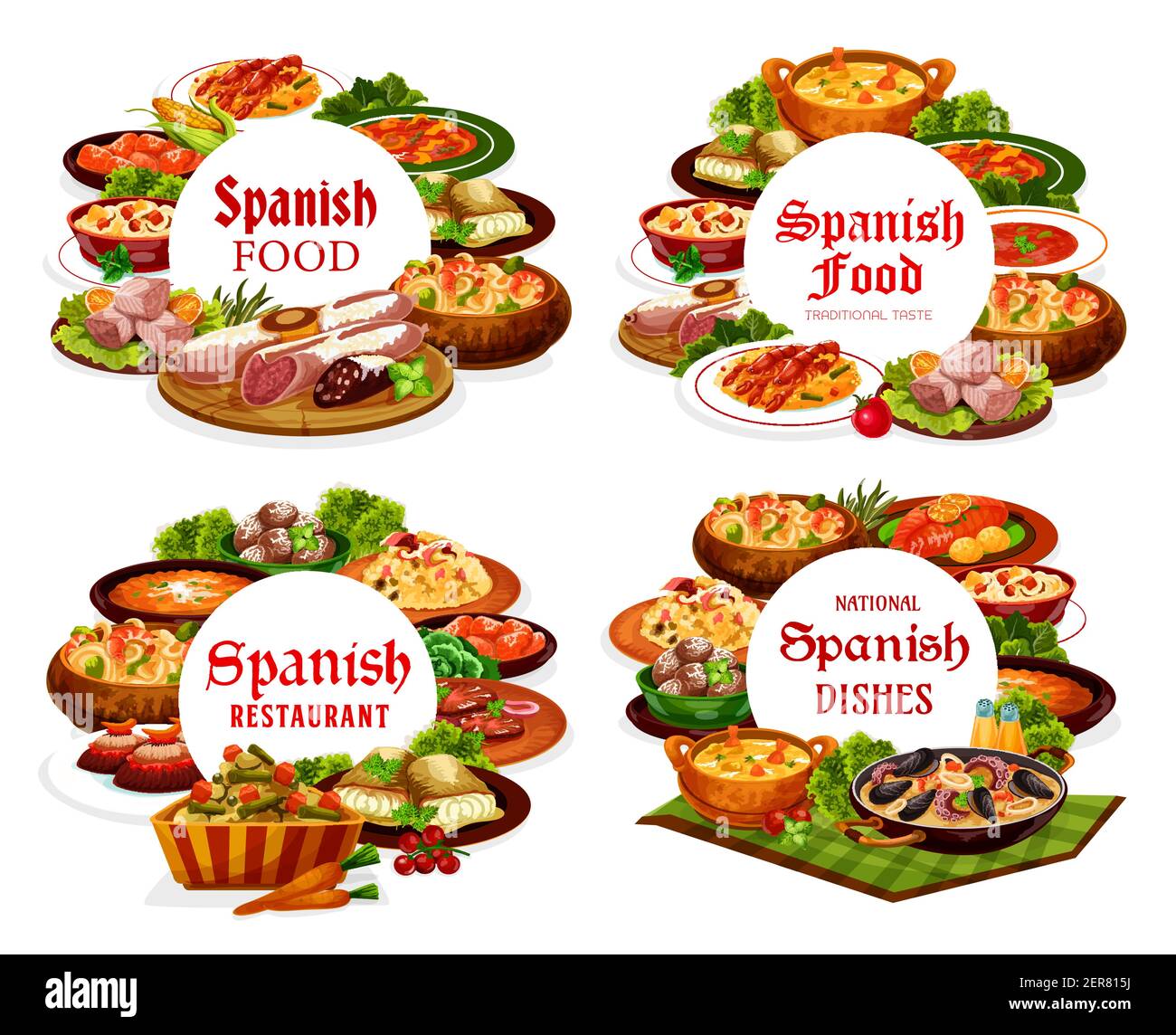 Cuisine espagnole, menu repas du restaurant en Espagne, plats vectoriels de viande, paella et en-cas. Cuisine espagnole repas tapas, Méditerranée se Illustration de Vecteur
