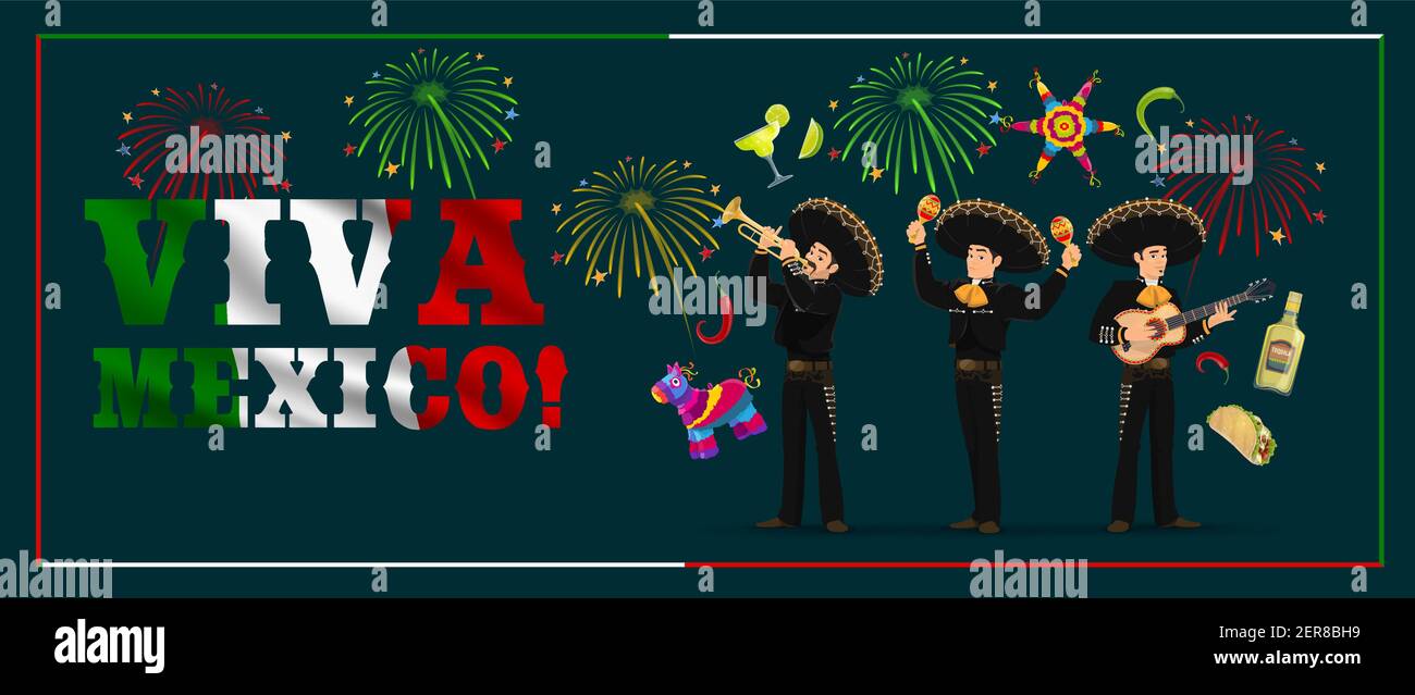 Fêtes mexicaines mariachi avec fiesta Party food, Viva Mexico bannière vectorielle. Musiciens personnages de dessins animés dans des chapeaux de sombrero jouant de la guitare, des maracas et t Illustration de Vecteur