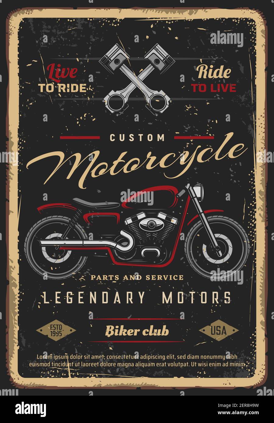 Pièces et service de motos personnalisées, affiche vecteur vintage pour le  club de motards. Garage rétro pour moto, moto ou vélo ancien classique,  Americ Image Vectorielle Stock - Alamy