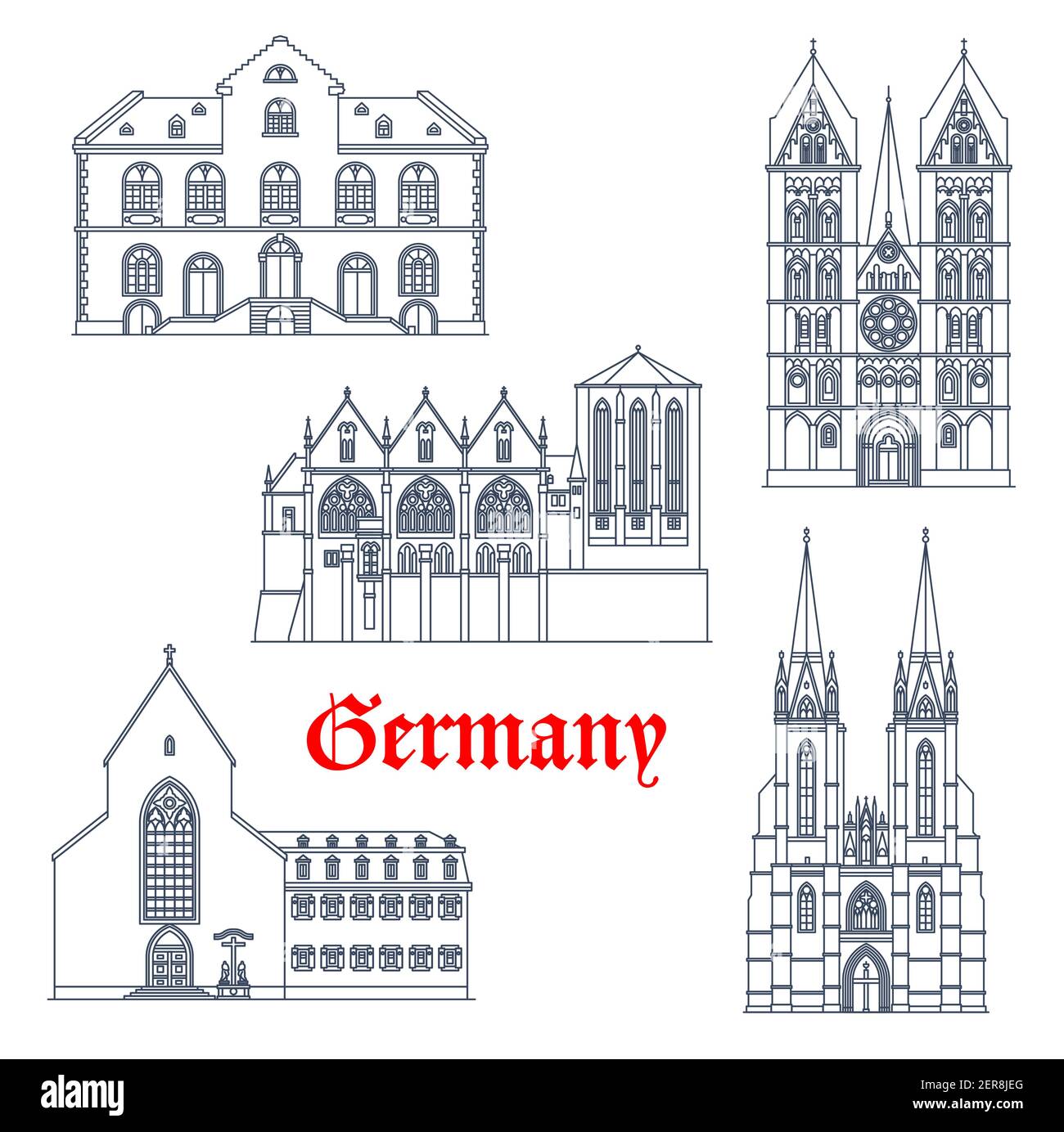 Allemagne monuments architecture, icônes de voyage allemandes de Marburg à Hesse, vecteur. Bâtiments allemands de Wiesbaden rathaus et cathédrale de Limbourg, Illustration de Vecteur