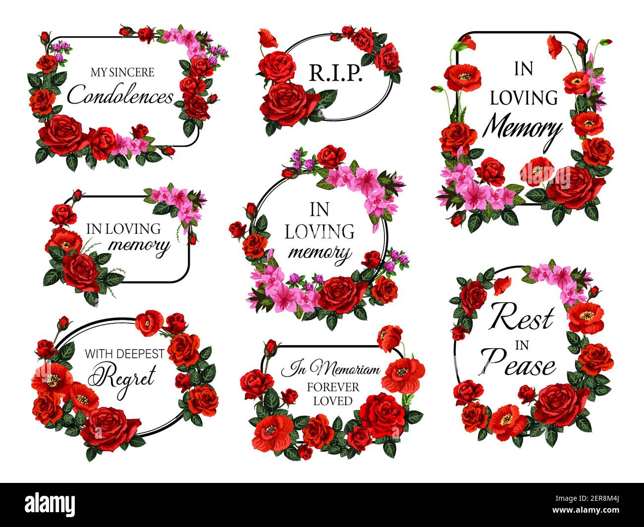 Cadres ronds et carrés funéraires, bordures de fleurs. Cartes vectorielles funéraires décorées de fleurs et de bourgeons roses, de pavot rouge, d'azalées et de trèfle Illustration de Vecteur