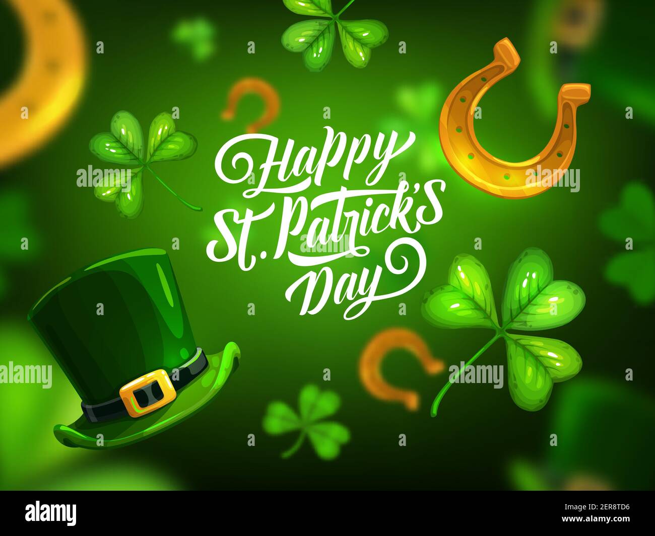 Carte de vœux Happy St. Patrick Day, affiche vectorielle avec lettrage, shamrogs, chapeau de lepretchun vert et fers à cheval dorés sur fond flou. Illustration de Vecteur