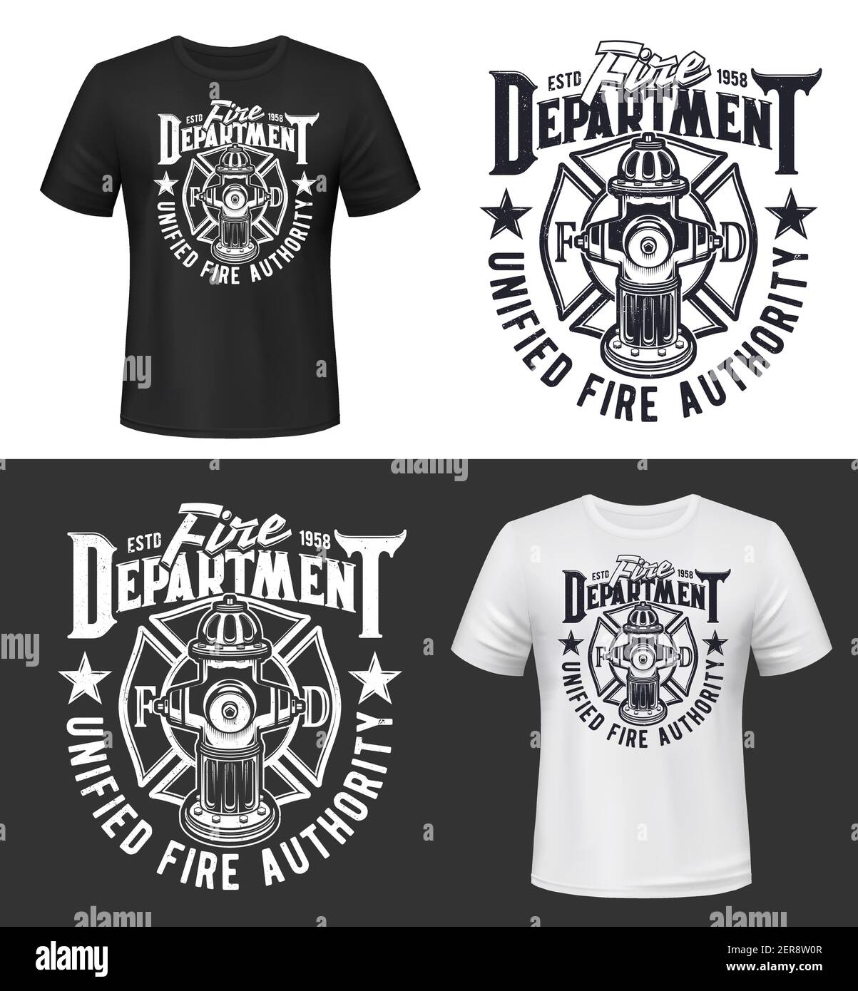 Maquette d'impression de t-shirt du service des incendies et des pompiers, modèle vectoriel. Icône représentant un pompier et un pompier avec une borne incendie, une croix maltaise et des étoiles, Illustration de Vecteur Maquette d'impression de t-shirt du service des incendies et des pompiers, modèle vectoriel. Icône représentant un pompier et un pompier avec une borne incendie, une croix maltaise et des étoiles, Illustration de Vecteur
