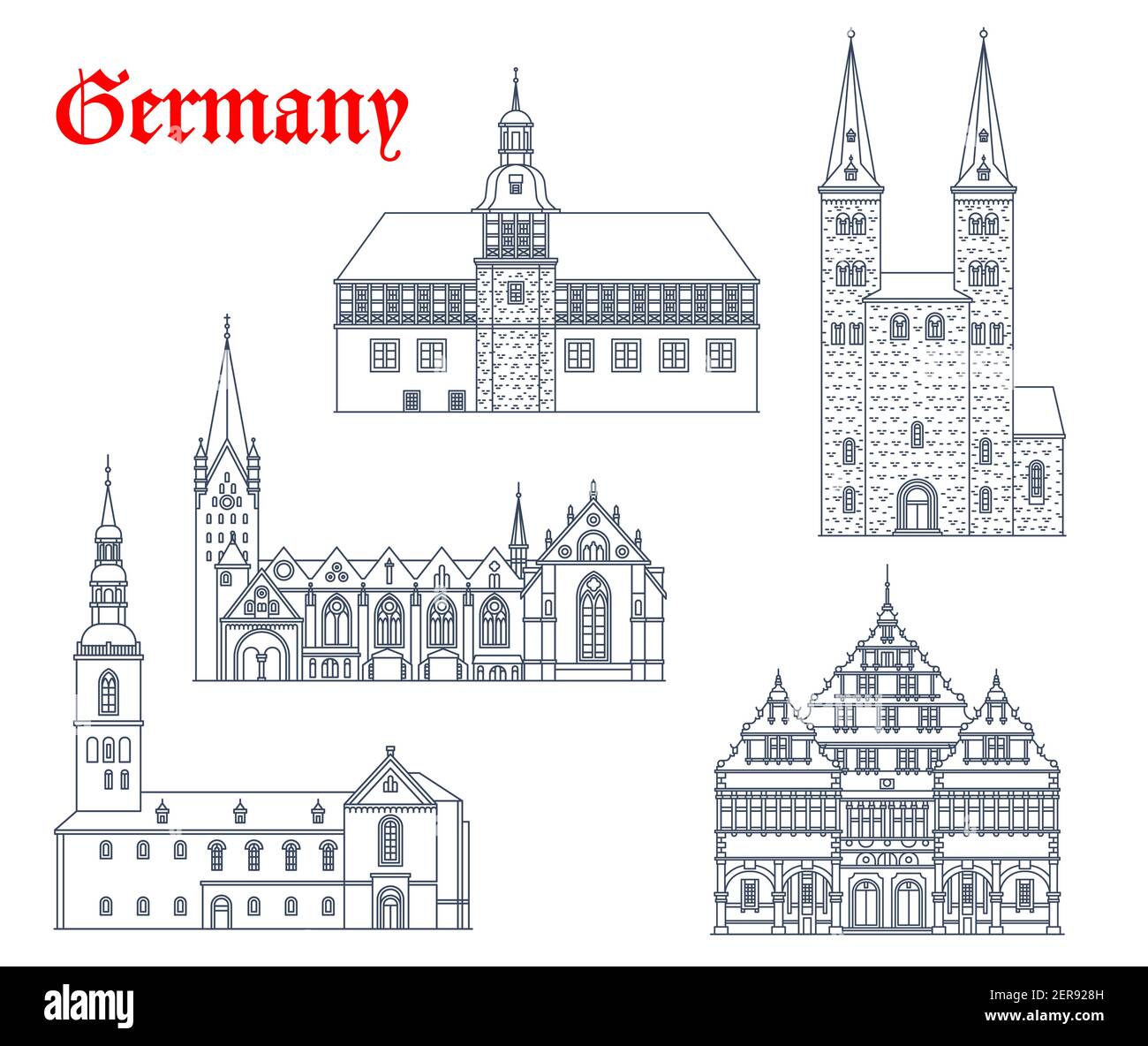 Allemagne bâtiments historiques et icônes d'architecture, églises et cathédrales allemandes, vecteur. St Kilian kirche à Hoexter et Peterkirche église à Soest Illustration de Vecteur