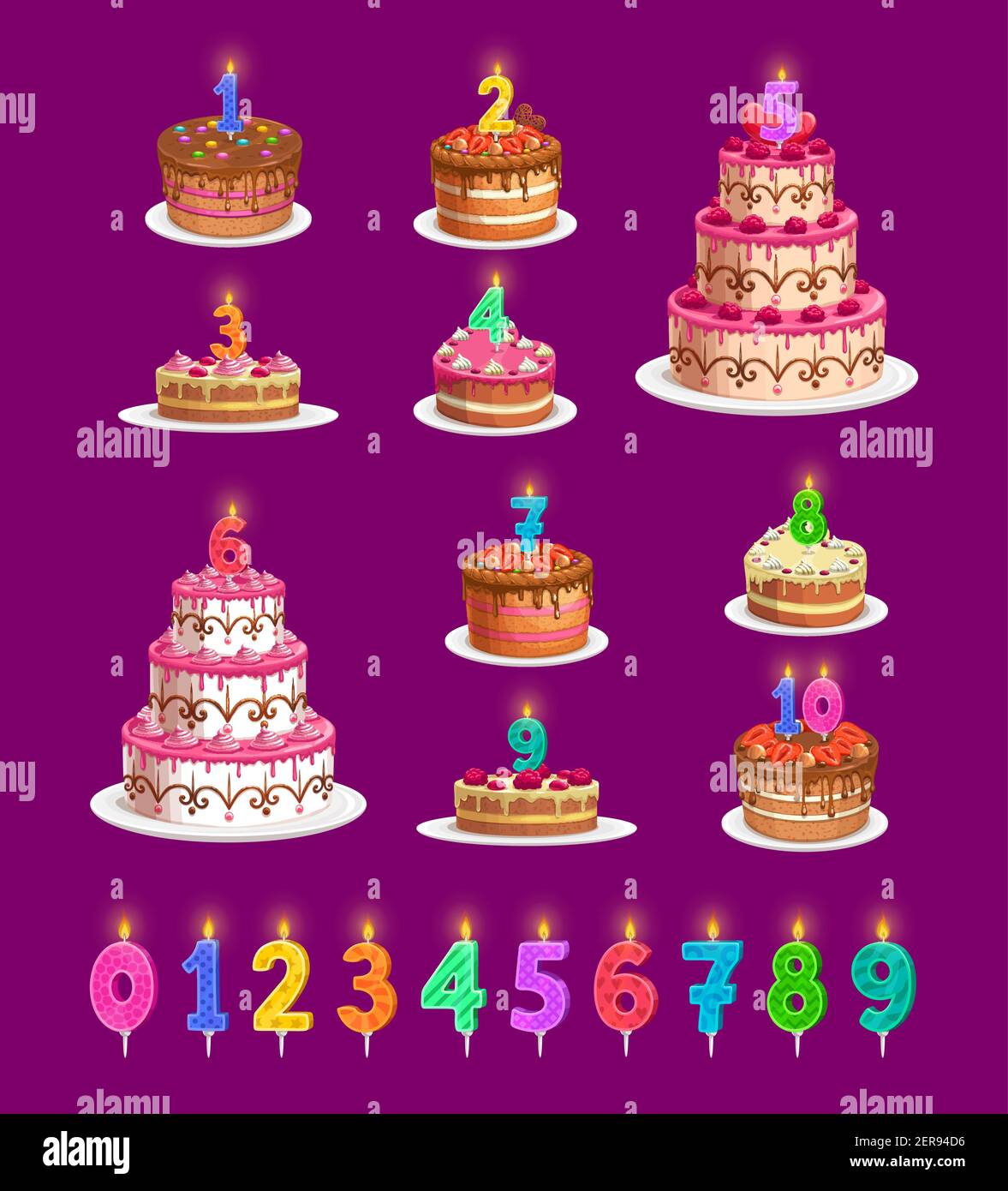 Bougies sur des gâteaux d'anniversaire avec des numéros d'âge de un à dix icônes vectorielles isolées. Joyeux anniversaire fête d'enfant. Petits gâteaux et bougie colorée Illustration de Vecteur