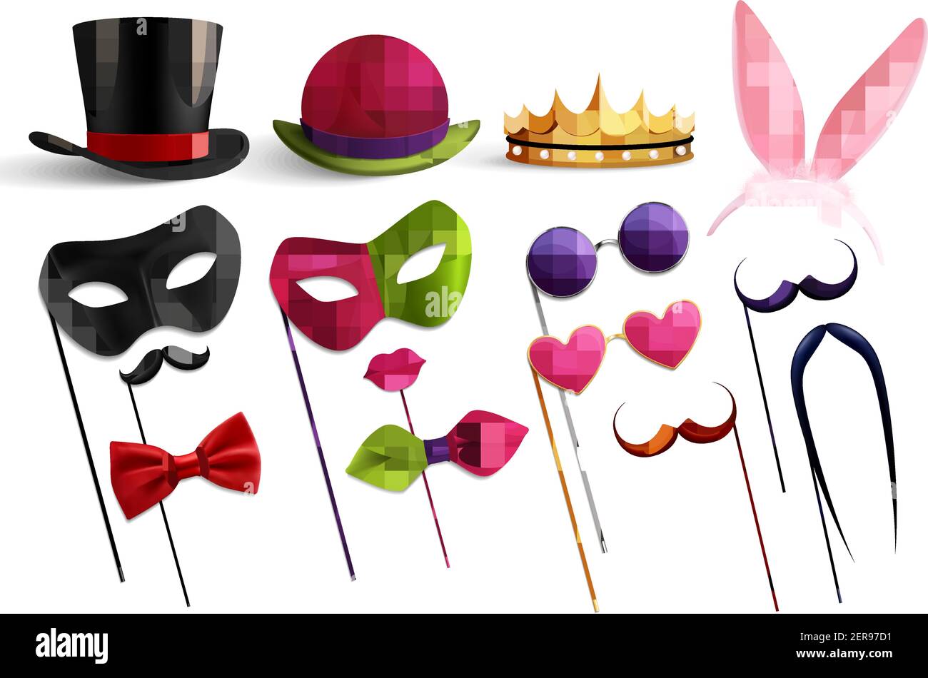 Stand photo de fête avec des images isolées de chapeaux amusants lunettes et éléments pour une illustration vectorielle mascarade Illustration de Vecteur