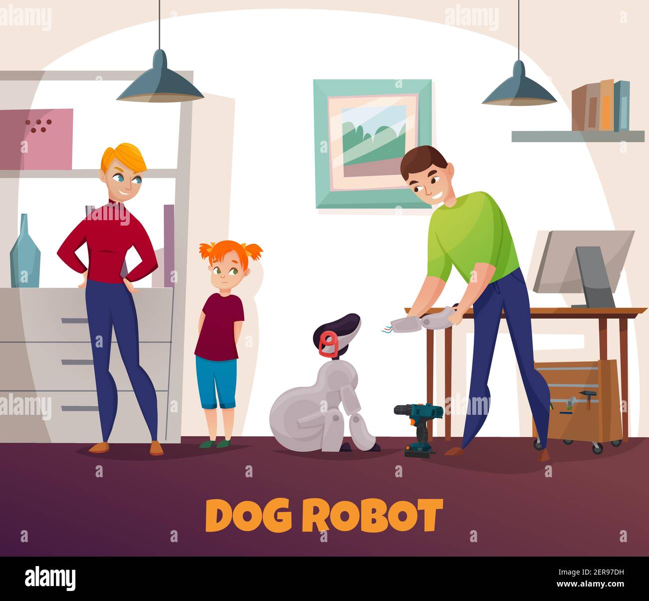 Réparation de robot de chien avec des symboles électroniques et technologiques vecteur plat illustration Illustration de Vecteur