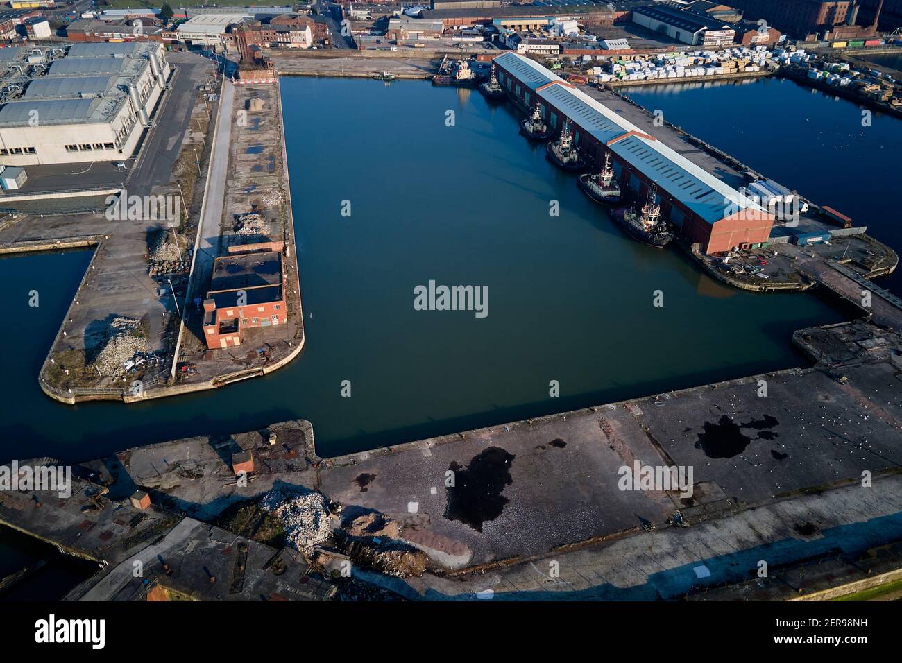 Vues aériennes de Bramley Moore Dock, Liverpool. Les plans du FC Everton pour un nouveau stade de 52,000 places ont été approuvés par les conseillers municipaux de Liverpool. Banque D'Images