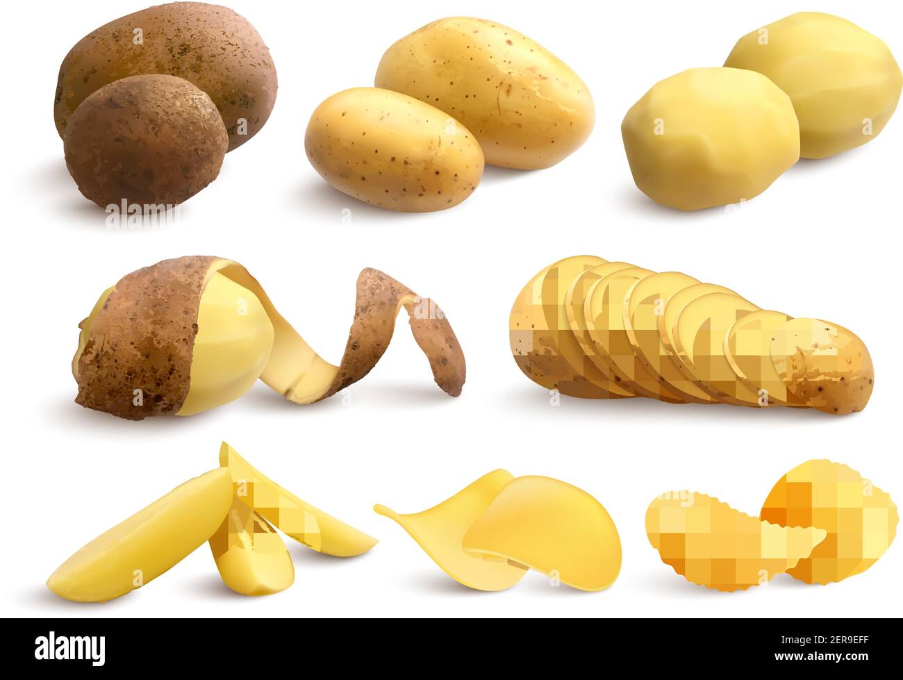 Ensemble de pommes de terre crues et frites de brut traité hachées et