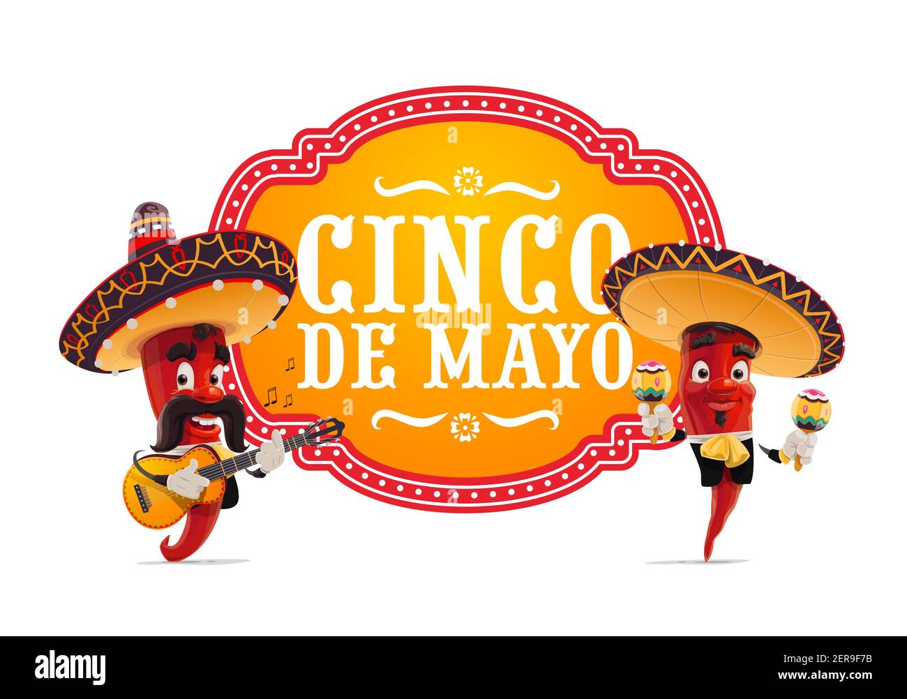 Icône vecteur Cinco de Mayo. Mariachi jalapenos musiciens dans le sombrero mexicain jouant de la guitare et des maracas. Les personnages de dessin animé jouent de la musique. Cinco de Mayo c Illustration de Vecteur