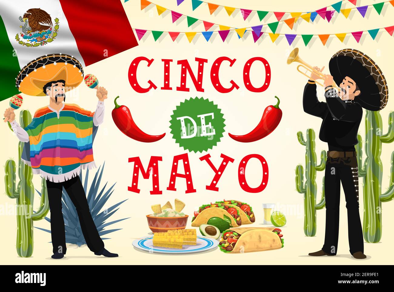 Cinco de Mayo fiesta mariachi et le design mexicain de vecteur alimentaire.  Musiciens de dessins animés avec chapeaux sombrero, maracas et trompette,  drapeau du Mexique, cactus et rouge Image Vectorielle Stock -