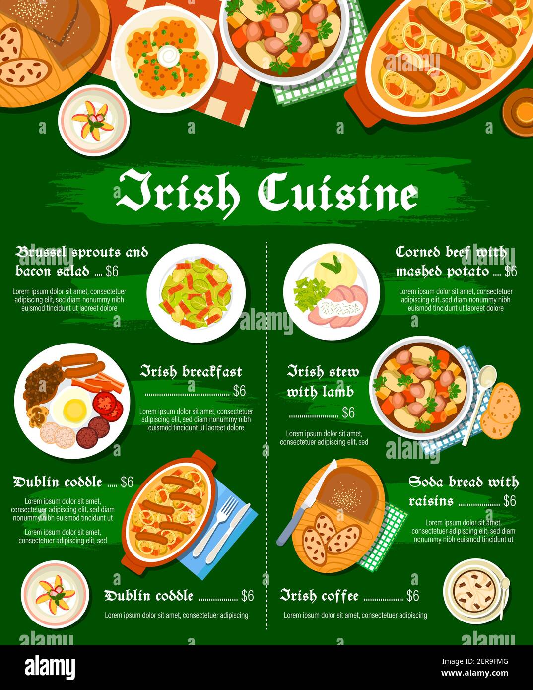 Menu de cuisine irlandaise, repas de petit-déjeuner, déjeuner traditionnel au restaurant irlandais Vector. Cuisine irlandaise, menu de plats, dessert au pudding à la pêche, ragoût d'agneau Illustration de Vecteur