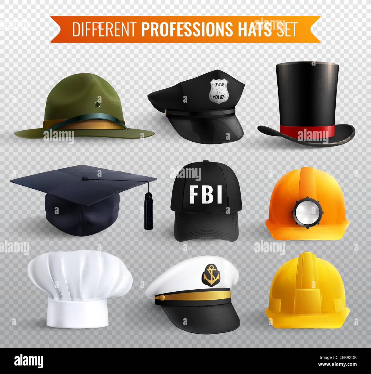 Collection de chapeaux de différentes professions sur fond transparent avec  neuf réalistes articles de chapellerie uniformes avec illustration  vectorielle des ombres Image Vectorielle Stock - Alamy