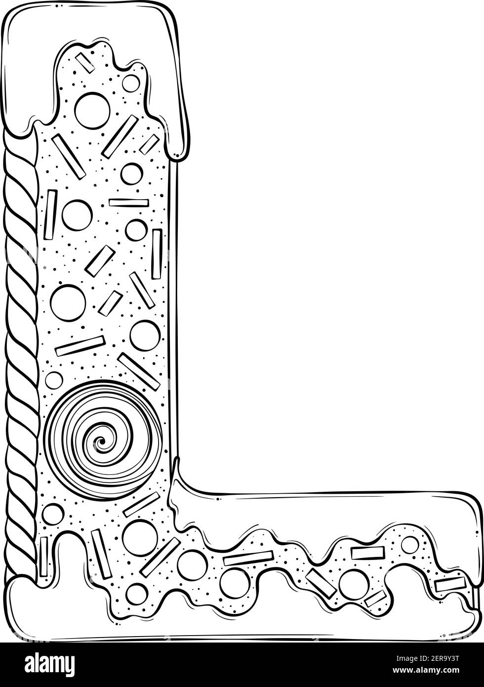 Lettre L. biscuits au pain d'épice sous forme de lettres. Police vectorielle de dessin animé, style art au trait dessiné à la main, isolée sur fond blanc. Modèle de logo lettrage. Design de livre de coloriage. Illustration de Vecteur