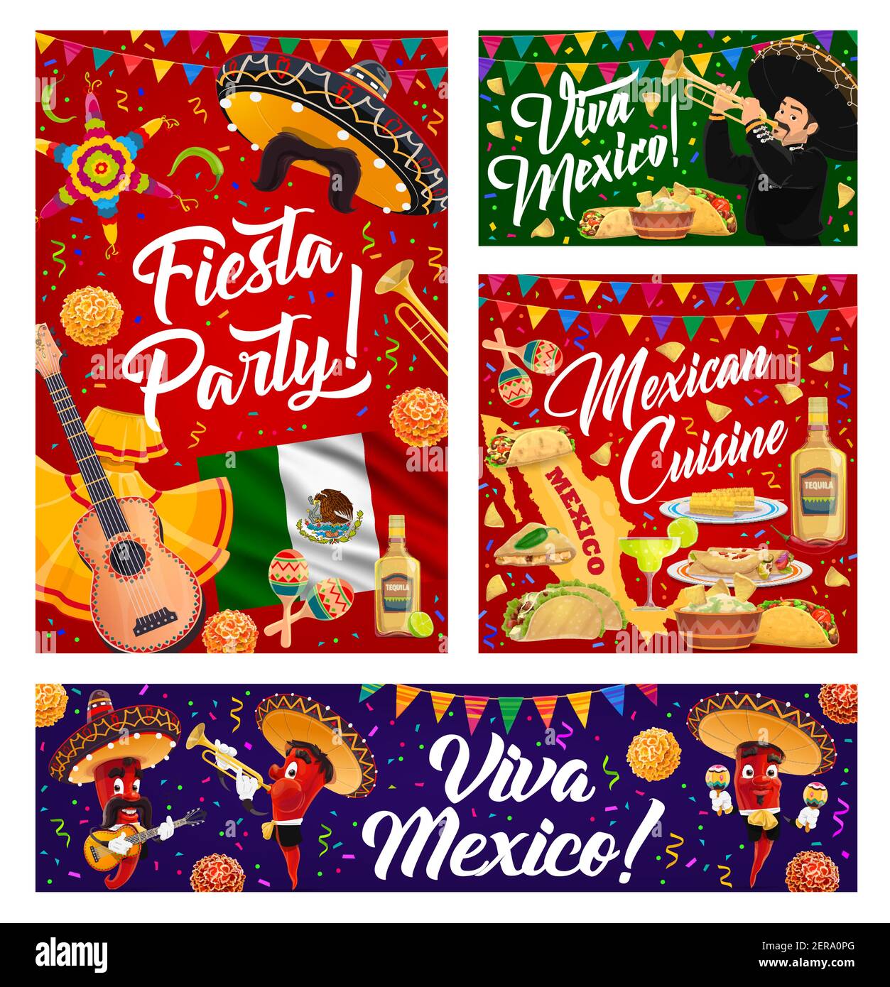 Viva Mexique bannières vectorielles avec des fêtes mexicaines sombrero, musiciens et fiesta fête de la nourriture. Cinco de Mayo maracas, mariachi chapeaux et guitare, poivre cha Illustration de Vecteur