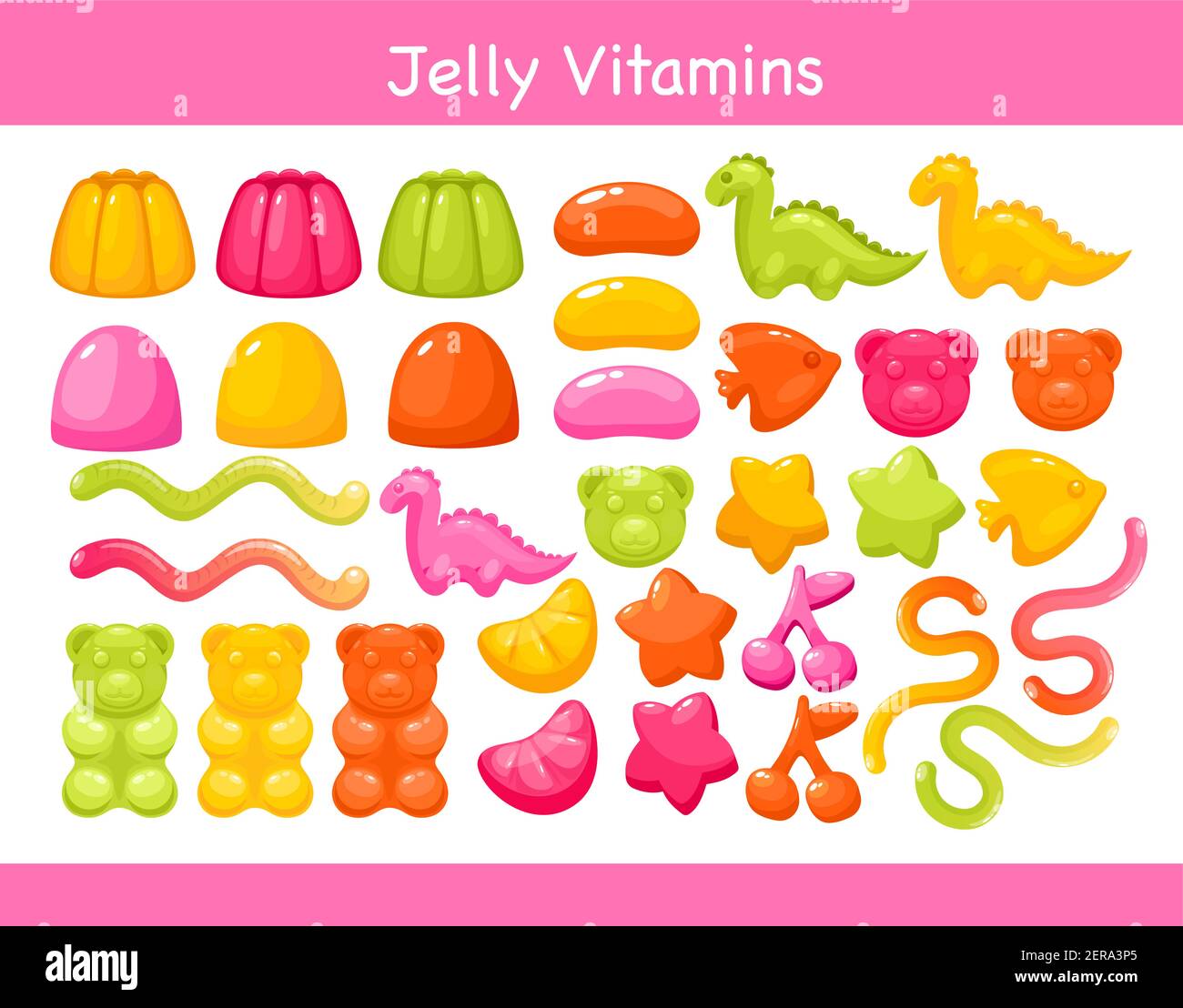 Gelée de vitamines à mâcher gélifiées avec ensemble de saveur de fruits, vitamines de gomme douces colorées et brillantes Illustration de Vecteur