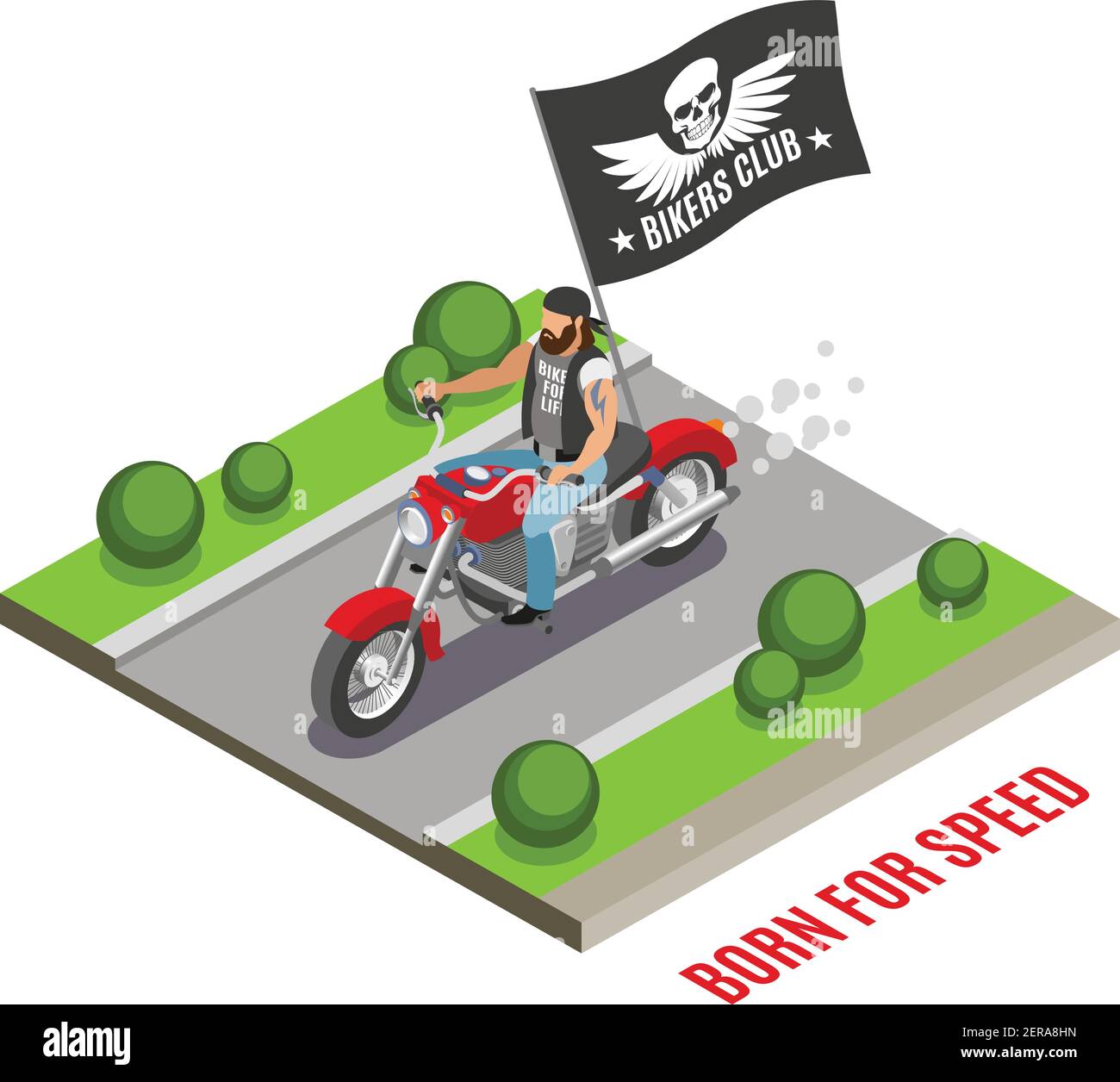 Biker barbu sur cycle moteur rouge avec drapeau noir avec emblème club illustration vectorielle de composition isométrique Illustration de Vecteur