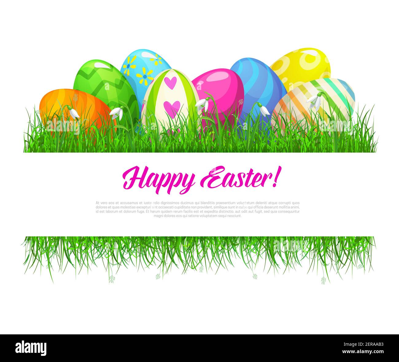 Cadre en herbe de Pâques avec œufs décorés et fleurs de printemps. Bordure vectorielle de dessin animé ou modèle d'affiche avec des œufs peints couchés sur un fond vert Illustration de Vecteur