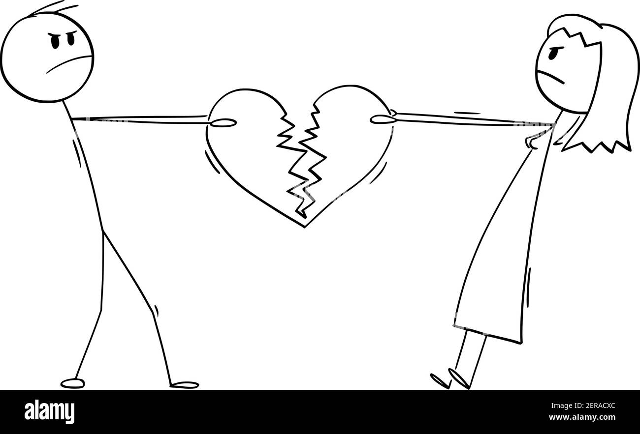 Couple de femme et d'homme luttant pour le coeur brisé comme symbole de fin d'amour.Vector dessin animé bâton figure ou illustration de caractère. Illustration de Vecteur
