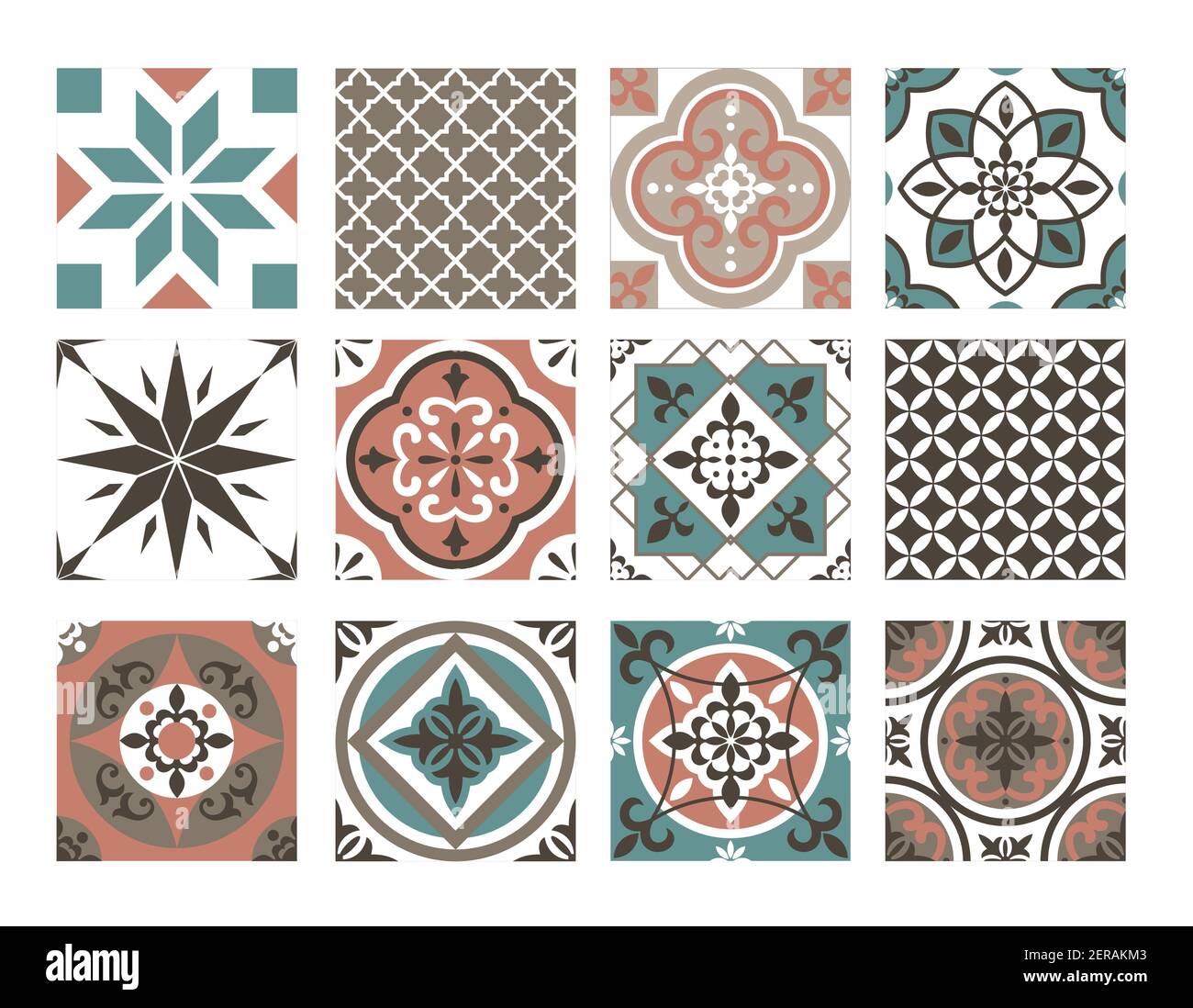Ensemble de motifs colorés de carreaux, collection abstraite de décorations géométriques bleu oriental brun Illustration de Vecteur