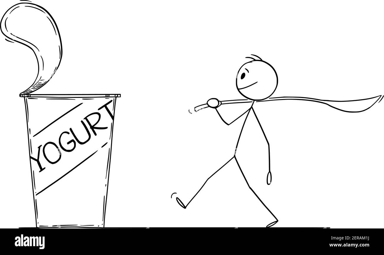 Homme marchant avec une grande cuillère pour manger du yaourt santé. Concept de nourriture et de manger. Illustration de personnage ou de dessin animé vectoriel. Illustration de Vecteur