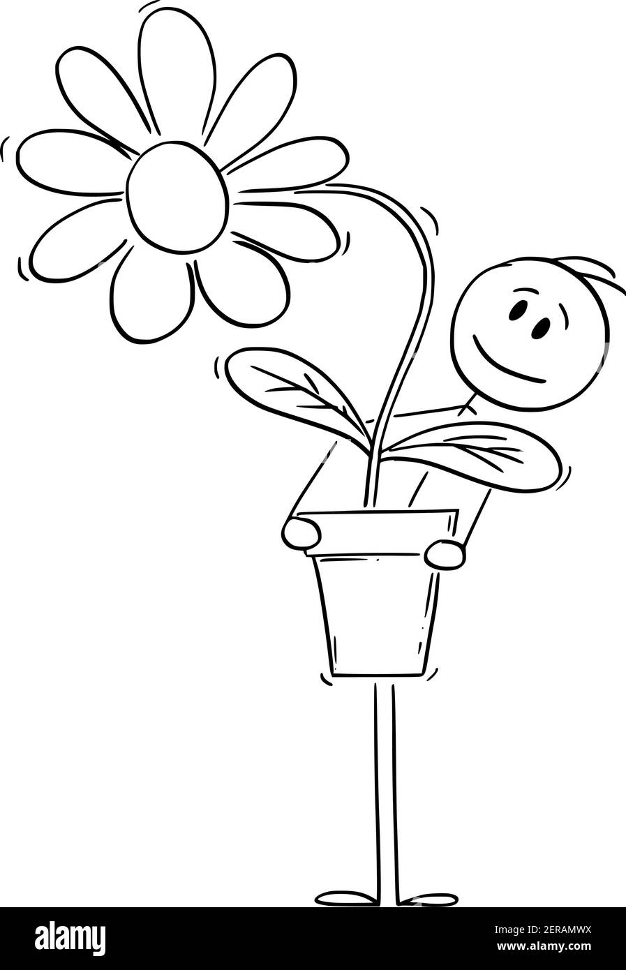 Homme ou amant tenant une grande plante ou fleur dans un pot ou un pot de fleurs. Illustration de personnage ou de dessin animé vectoriel. Illustration de Vecteur
