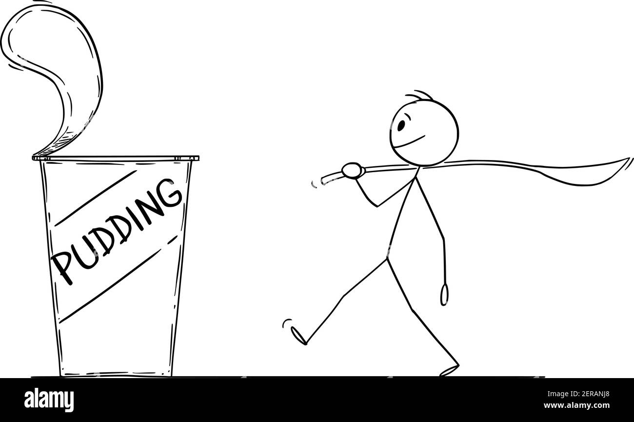 Homme marchant pour manger du pudding avec une grande cuillère. Concept de nourriture et de manger. Illustration de personnage ou de dessin animé vectoriel. Illustration de Vecteur