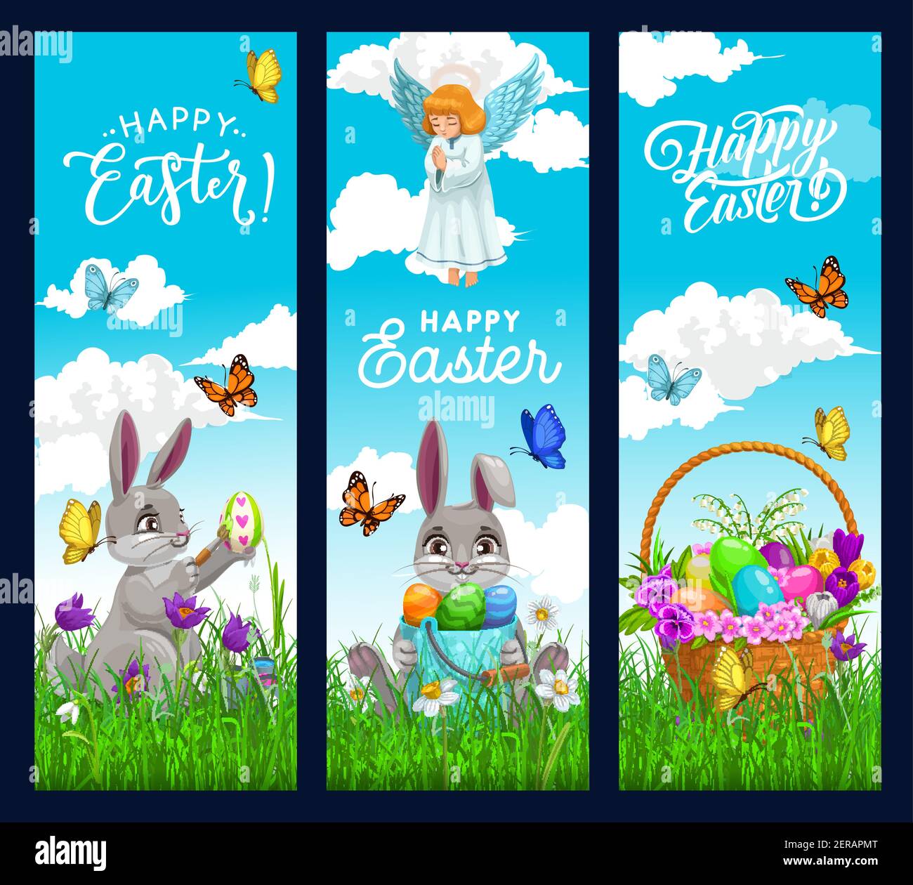 Banderoles de lapin pour la chasse aux œufs de Pâques de lapins vectoriels, panier de chasse aux œufs et ange de prière avec fleurs de printemps, lames d'herbe verte et papillons, jonquilles, Illustration de Vecteur