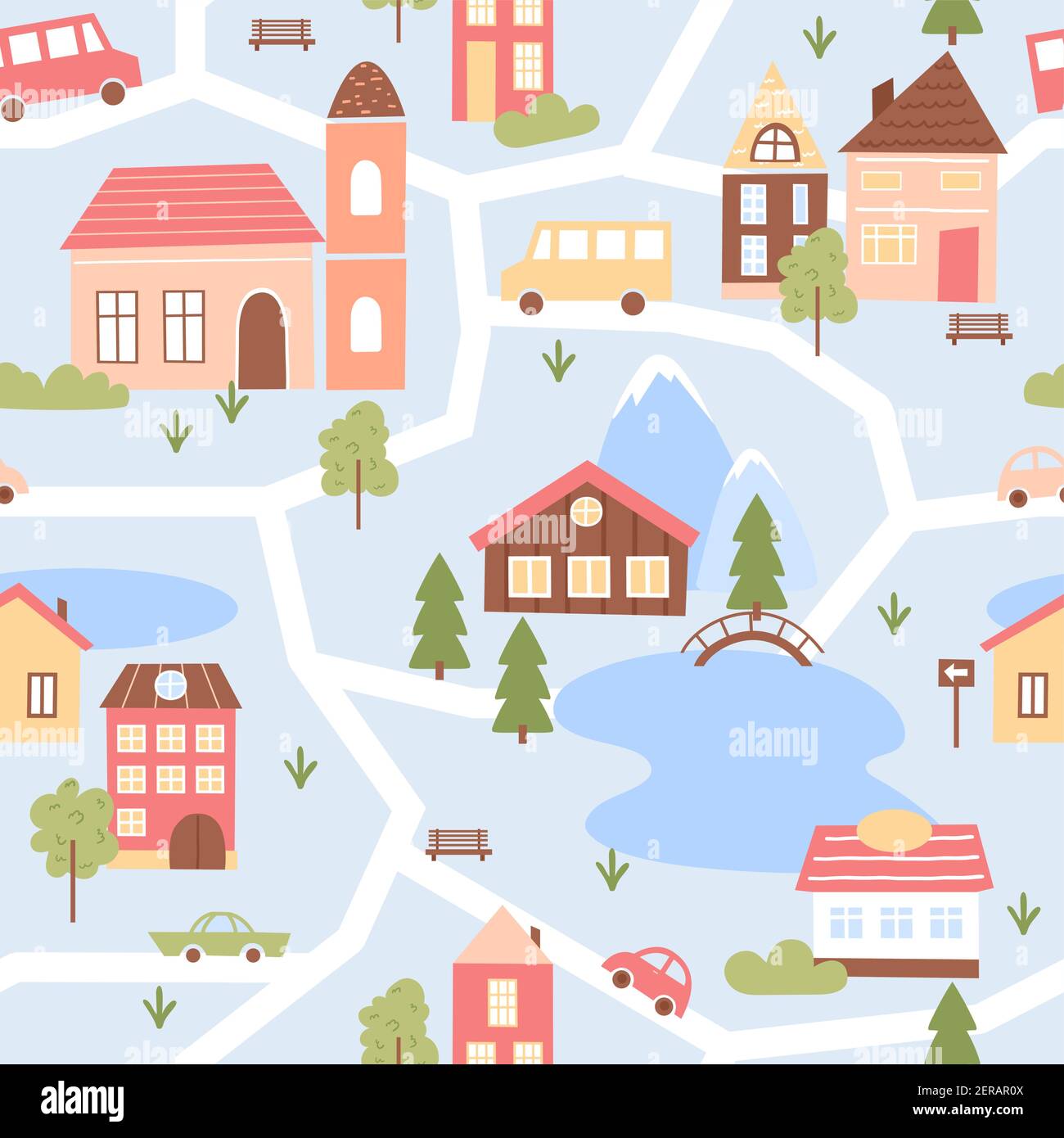 La ville mignonne abrite un motif sans couture, une carte amusante paysage urbain avec de petits bâtiments Illustration de Vecteur