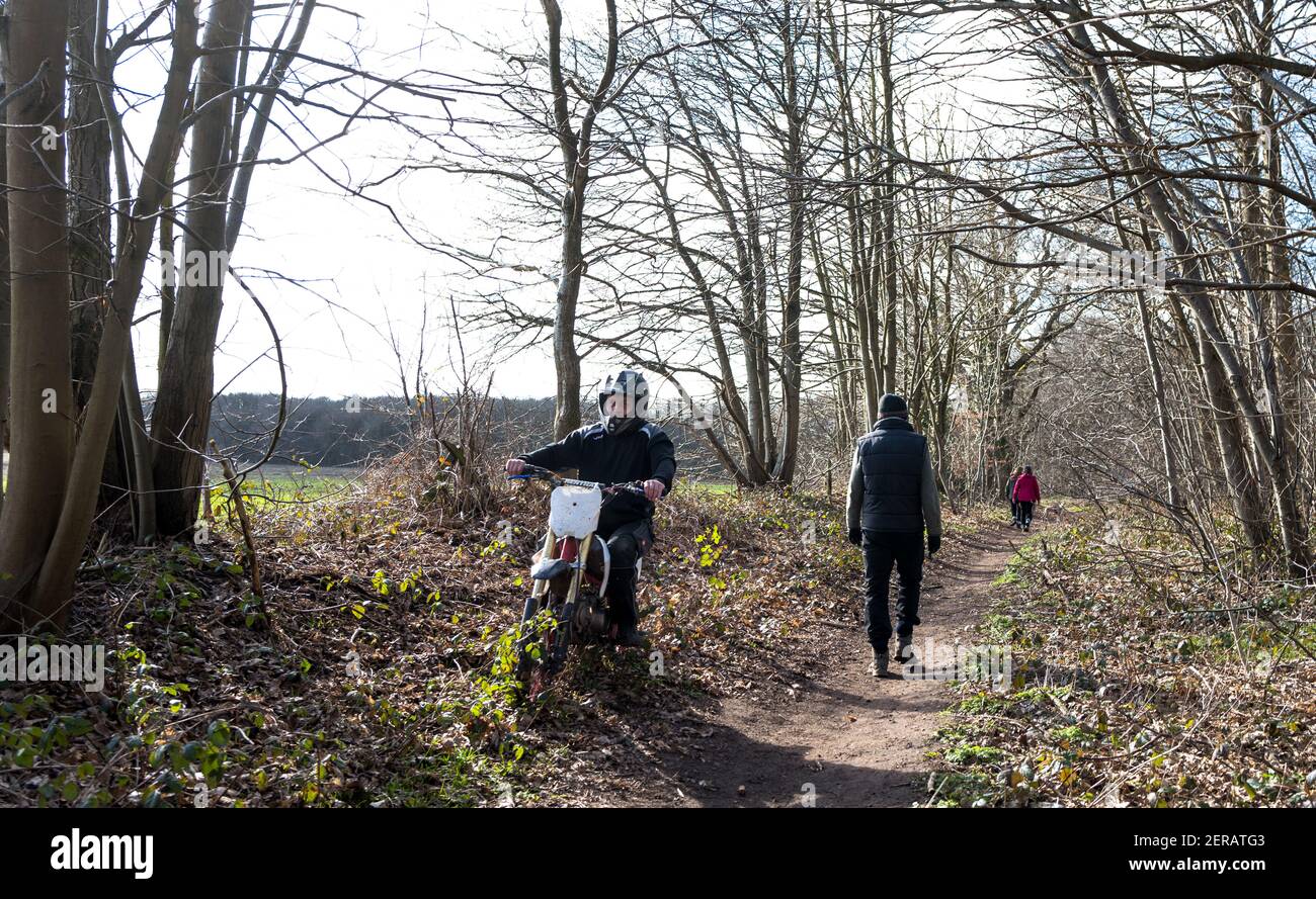 Homme qui conduit une mini moto hors route illégalement le long d'un sentier public. Banque D'Images