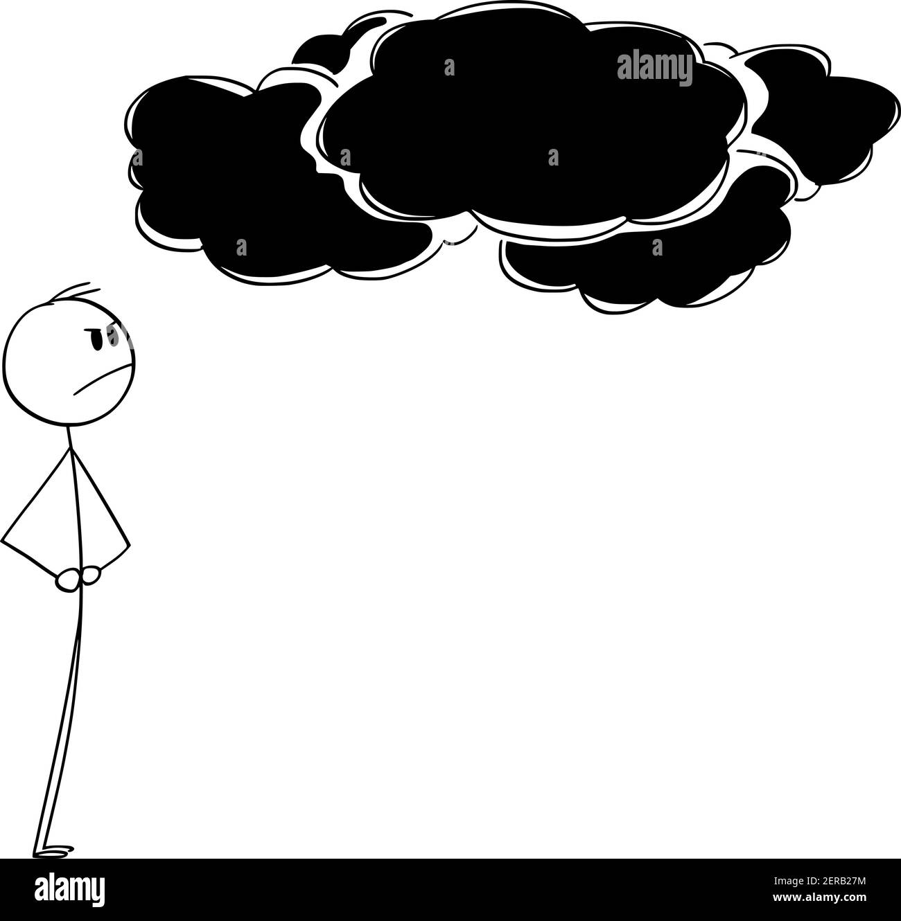 Homme malheureux regardant les nuages sombres sur le ciel, le temps change, la tempête arrive. Illustration de personnage ou de dessin animé vectoriel. Illustration de Vecteur