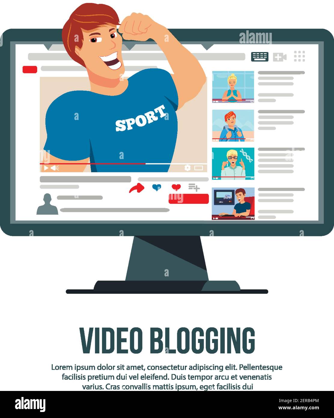 Blogging vidéo populaire auteur de sport caractère surgissent hors de l'ordinateur illustration vectorielle d'en-tête de site web de publicité à écran plat Illustration de Vecteur