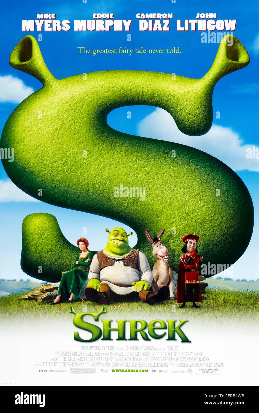 Shrek (2001) dirigé par Scott Kalvert et mettant en vedette Mike Myers, Eddie Murphy et Cameron Diaz . Un Seigneur moyen excelle des créatures de conte de fées dans le marais d'un ogre grincheux, qui doit se lancer dans une quête et sauver une princesse pour le seigneur afin de récupérer sa terre. Banque D'Images