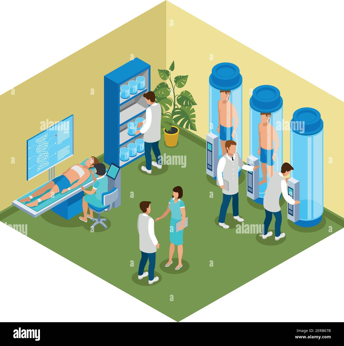 Médecine de la future composition isométrique avec vue de l'hôpital pièce avec chambres cryogéniques et illustration du vecteur de personnes Illustration de Vecteur