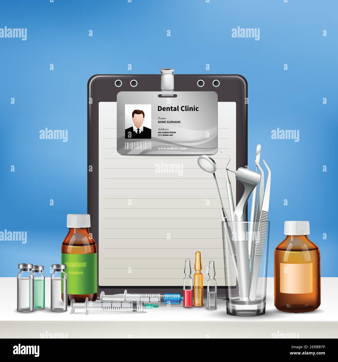 Accessoires de cabinet de médecin de clinique de soins dentaires avec perceuse à carte d'identification miroir hygiène buccale médecine réaliste illustration vectorielle Illustration de Vecteur