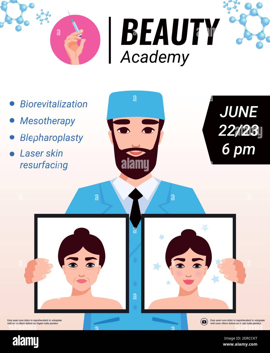 Affiche d'annonce de l'atelier de rajeunissement facial de l'académie de beauté avec présentation de cosmetologiste résultats de traitement de soins de la peau publicité vecteur illustraa Illustration de Vecteur