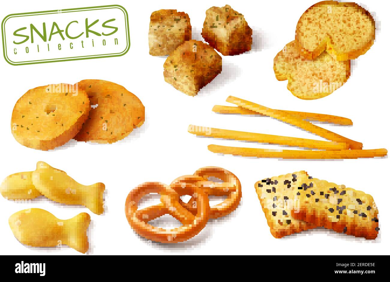 Croûtons craquelins bretzels biscuits croquants bâtonnets de pain croustillant collations réalistes appétissant collection d'images de gros plan illustration vectorielle isolée Illustration de Vecteur