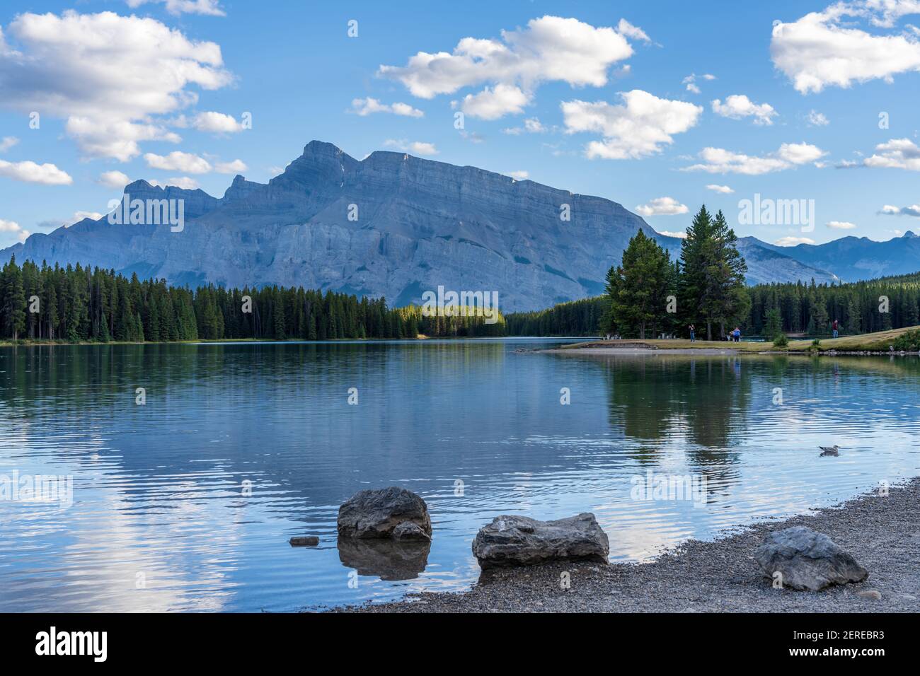 Deux Jack Lake magnifique paysage en été. Mont Rundle avec ciel bleu, nuages blancs réfléchis à la surface de l'eau. Parc national Banff, RO canadien Banque D'Images