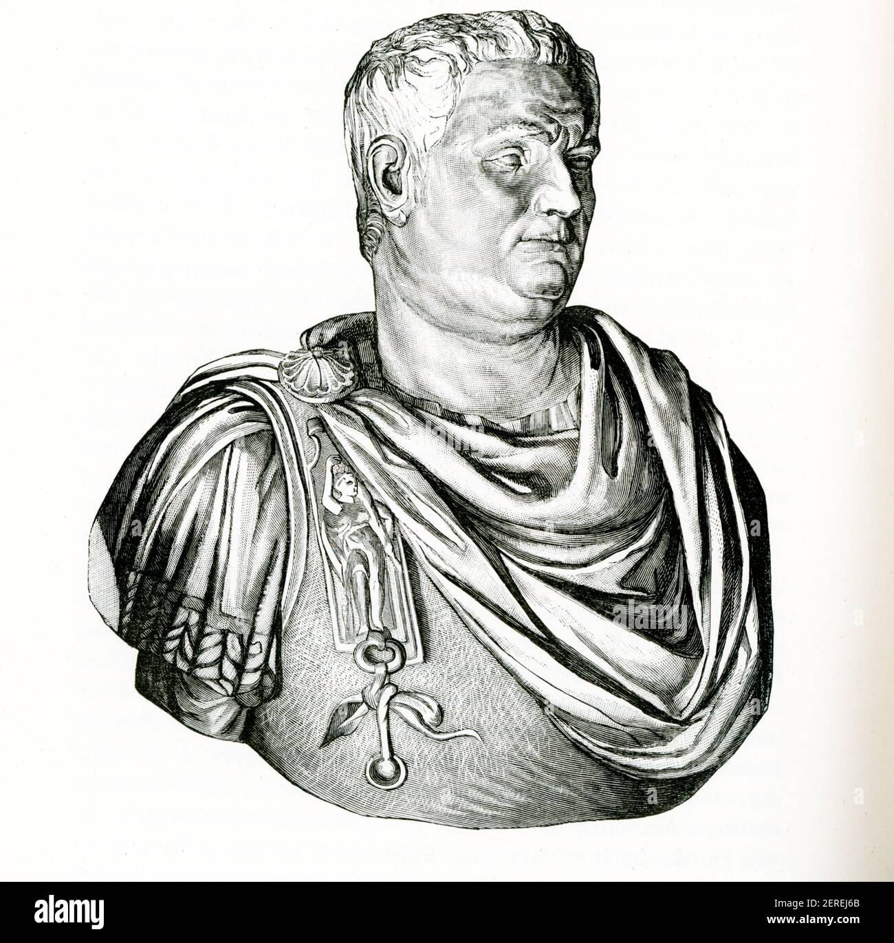 Cette illustration des années 1880 montre l'empereur romain Vitellius, son buste dans le Musée du Capitole de Rome dans la salle des Empereurs. Aulus Vitellius a été empereur romain pendant huit mois, du 16 avril au 22 décembre 69 après J.-C. Vitellius a été proclamé empereur après la succession rapide des anciens empereurs Galba et Otho, dans une année de guerre civile connue sous le nom d'année des quatre Empereurs. Banque D'Images