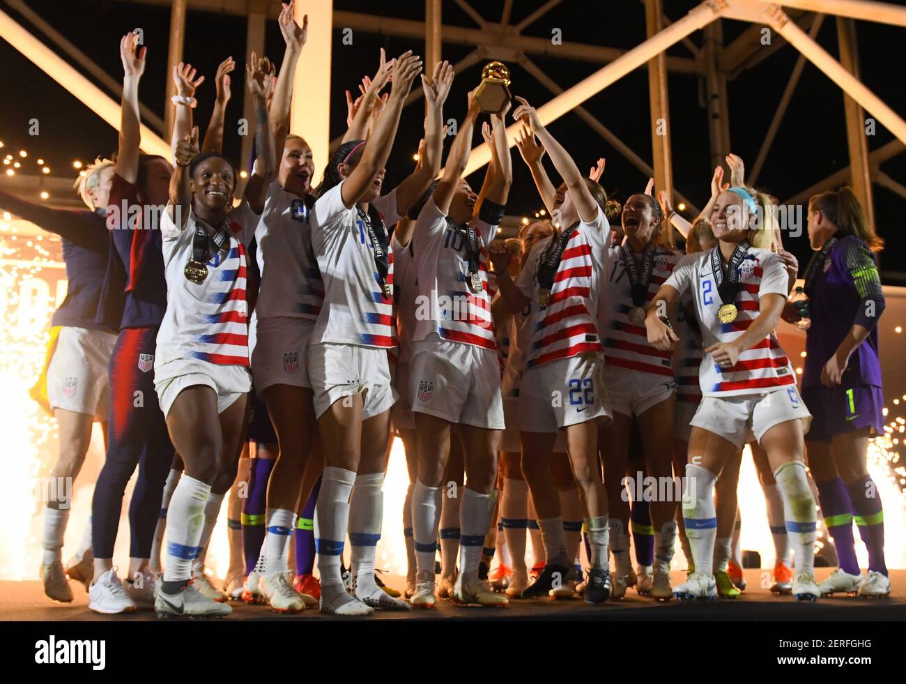 2 août 2018 ; Bridgeville, il, États-Unis ; L'équipe féminine des  États-Unis d'Amérique réagit après avoir remporté le tournoi de football  féminin du Tournoi des Nations au Toyota Park. Crédit obligatoire: Mike