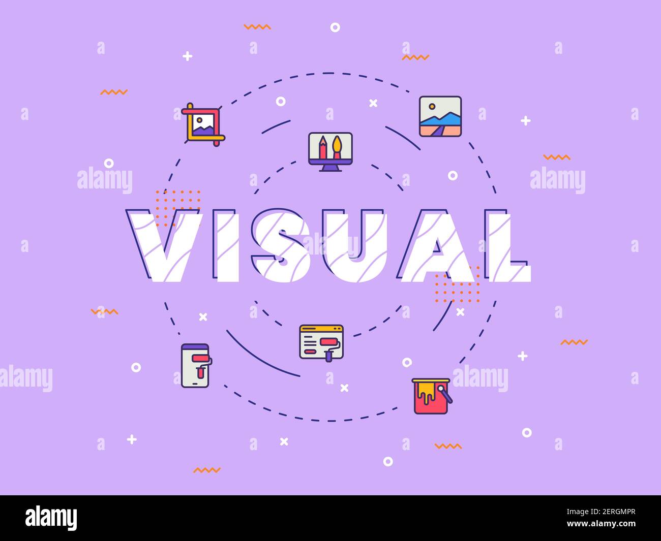 typographie visuelle calligraphie art de mots arrière-plan de l'ensemble d'icônes visuelles collection avec illustration vectorielle de style de couleur pleine Banque D'Images