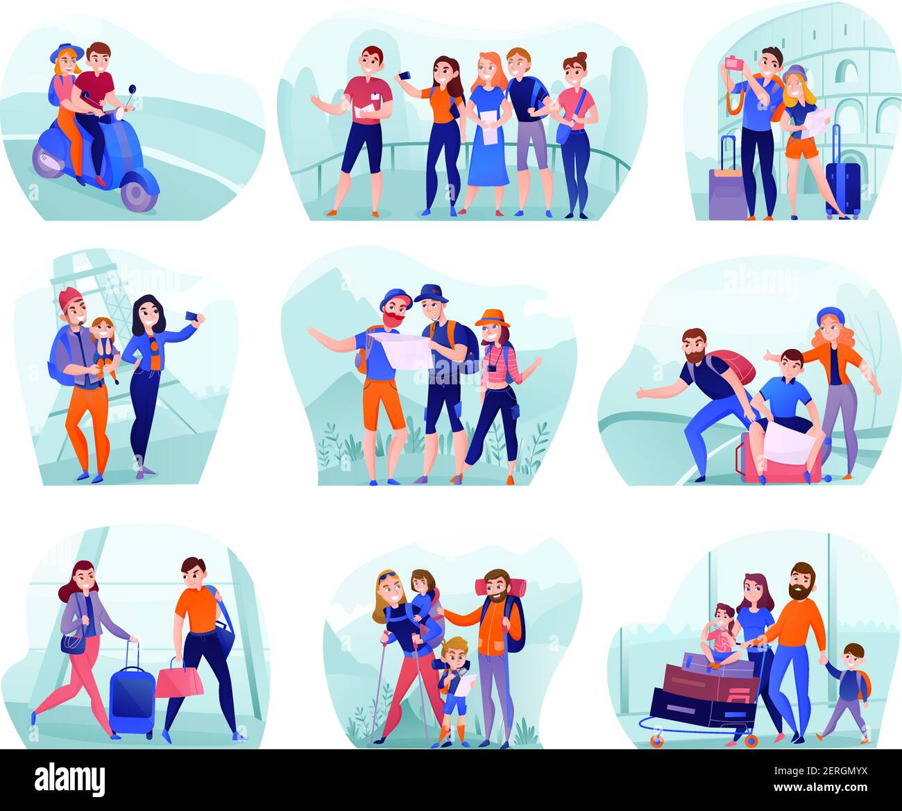 Ensemble de compositions avec des voyageurs dans diverses activités avec des bagages et illustration vectorielle isolée de l'équipement touristique Illustration de Vecteur