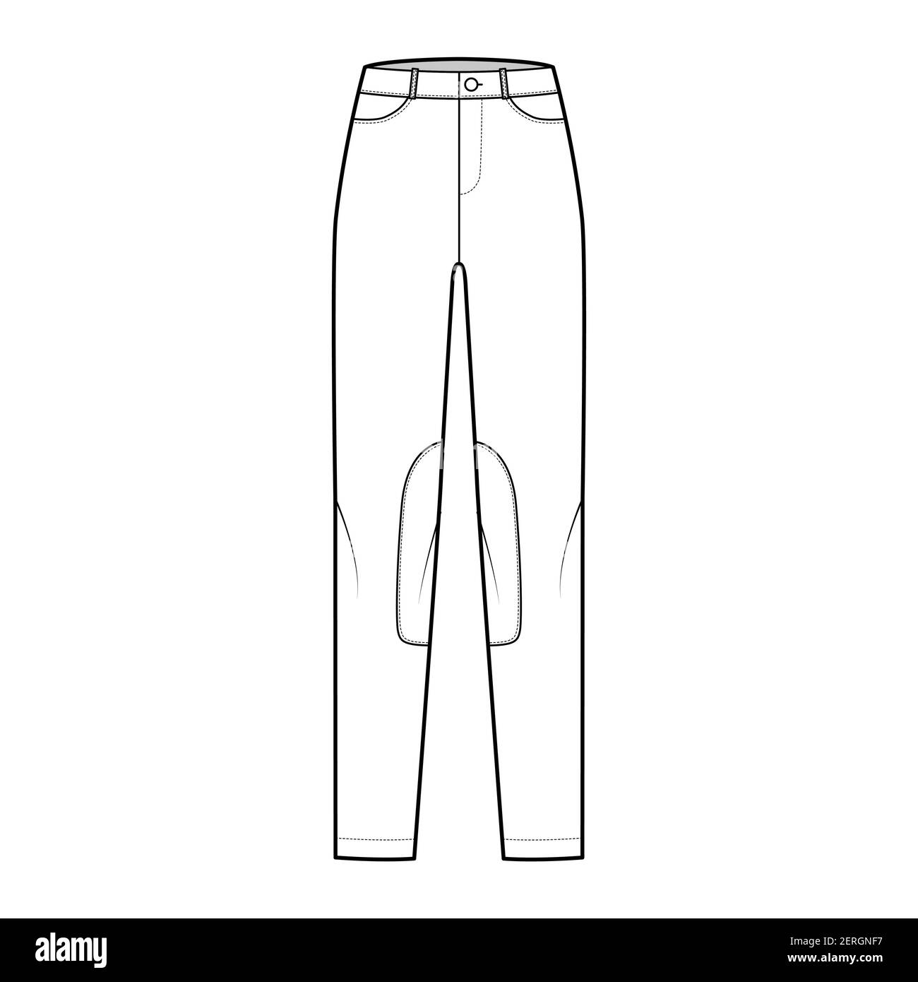 Ensemble de jeans Kentucky Jodhpurs pantalons denim illustration technique de la mode avec taille basse, taille, poches, passants de ceinture, longueur complète. Vêtements à fond plat sur le devant, de couleur blanche. Maquette CAD pour femmes et hommes Illustration de Vecteur